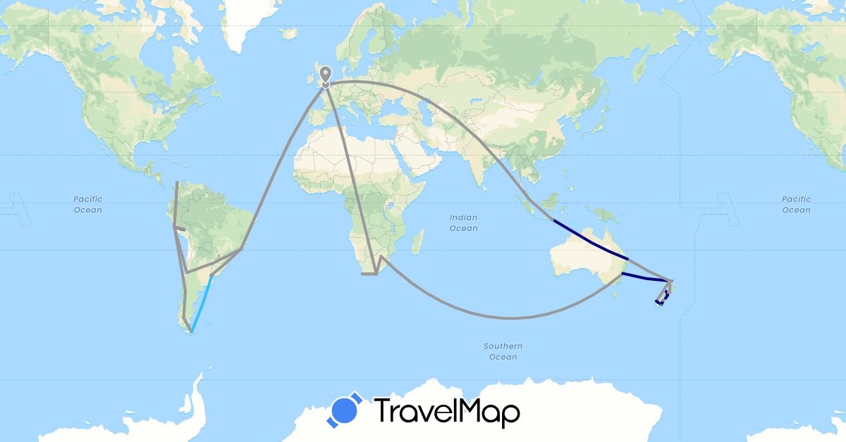 TravelMap itinerary: driving, plane, cycling, hiking, boat in Argentina, Australia, Brazil, Chile, Colombia, United Kingdom, Indonesia, New Zealand, Peru, Singapore, Uruguay, South Africa (Africa, Asia, Europe, Oceania, South America)